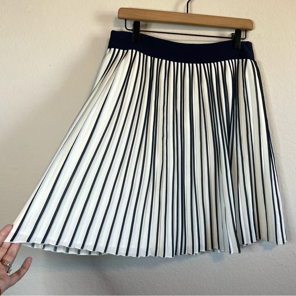 J. Crew Sunburst Chiffon Pleated Navy Blue & White Stripe Skirt B8227 Size 4